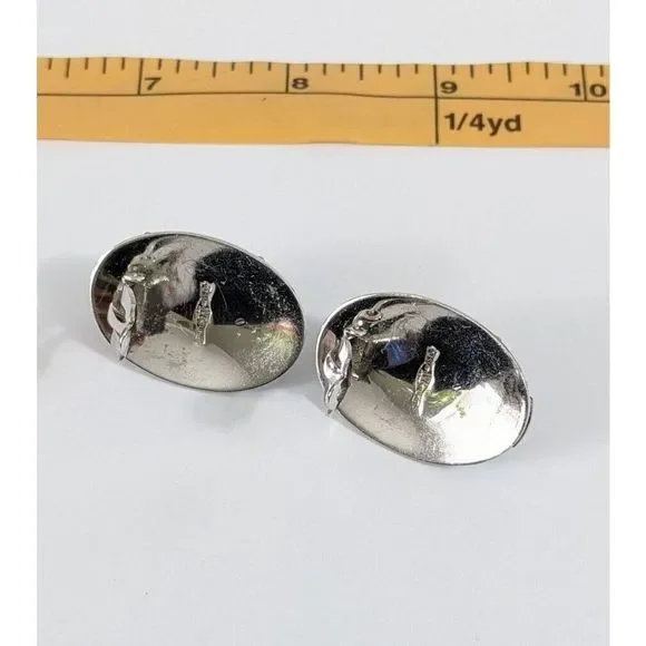 Large Oval Turquoise Art Glass Whiting And Davis Clip On Earrings - Vintage - Picture 9 of 10